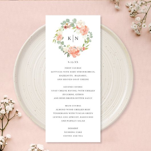 Carte de menu Mariage de Monogramme Floral Peach S
