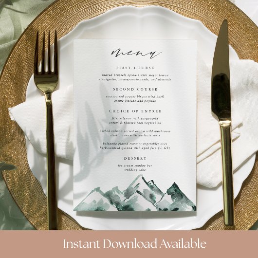 Carte de menu Mariage de montagne imprimable