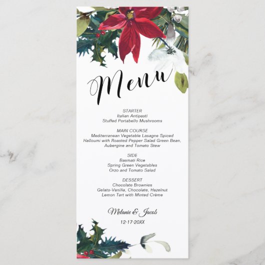 Carte de menu Mariage de Noël d'aquarelle (Devant)