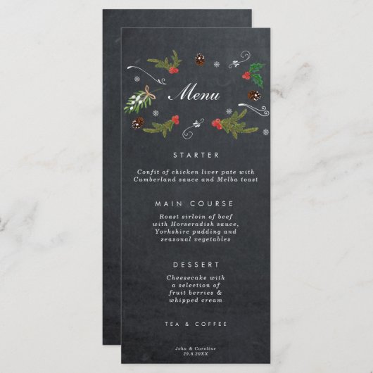 carte de menu mariage de Noël rustique (Devant / Derrière)