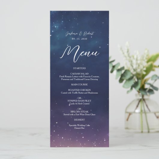Carte de menu Mariage de nuit étoilée céleste (Debout devant)
