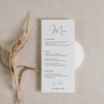 Carte de menu Mariage de police de script classiqu<br><div class="desc">Conçue pour coordonner avec notre collection Minimaliste All In One, cette carte de menu mariage personnalisable est dotée d'une disposition simple et propre, avec une police classique. Pour une personnalisation plus avancée de cette conception, par exemple la modification de la disposition, de la police ou de la taille du texte,...</div>