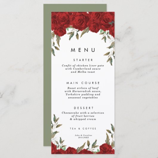 carte de menu mariage de roses rouges (Devant / Derrière)