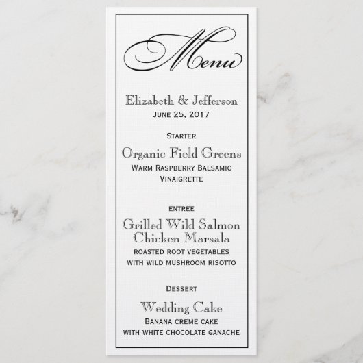 Carte de menu Mariage de script élégant (Devant)