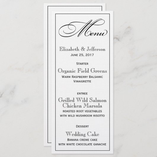 Carte de menu Mariage de script élégant (Devant / Derrière)