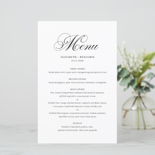 Carte de menu Mariage de script noir élégant (Debout devant)