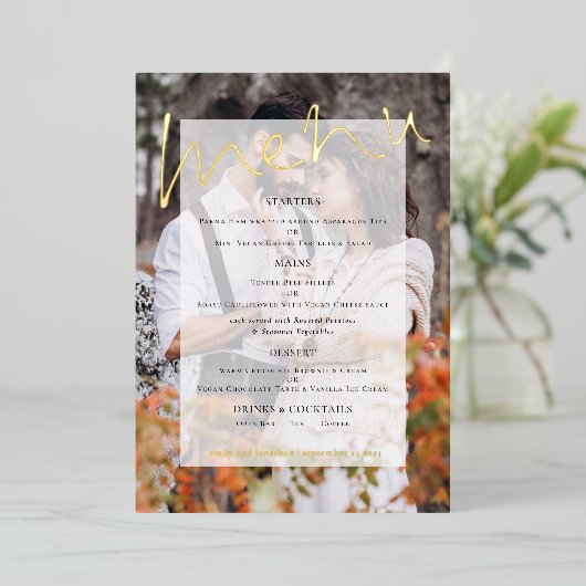 Carte de menu Mariage de teint photo de script Rea (Debout devant)
