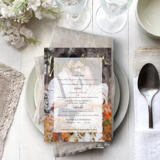Carte de menu Mariage de teint photo de script Rea