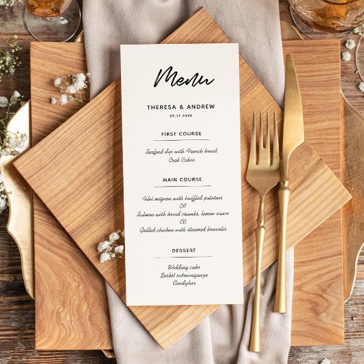 Carte de menu mariage de typographie moderne
