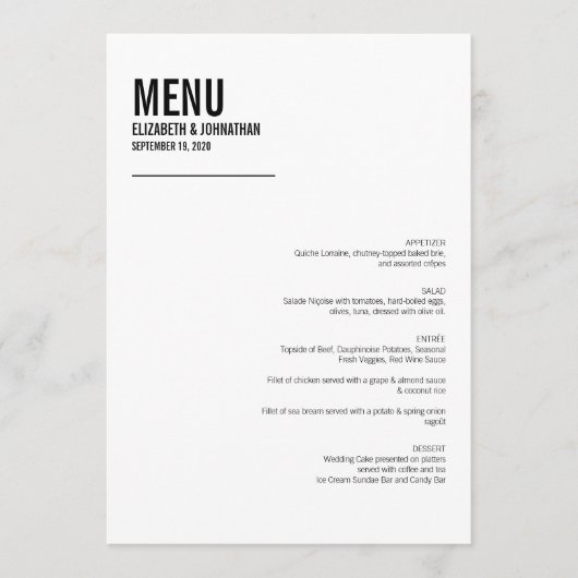 Carte de menu Mariage de typographie simple et min (Devant)
