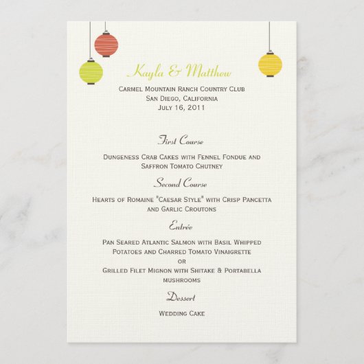 Carte de menu Mariage des lanternes (Devant)