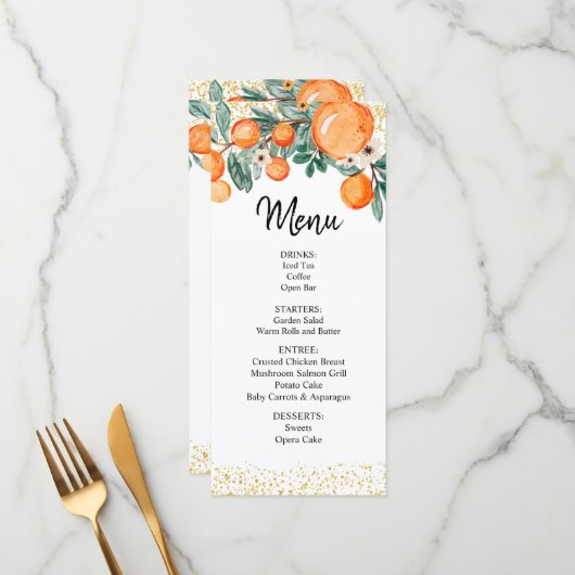 Carte de menu Mariage d'été orange (Devant/Arrière en situation)