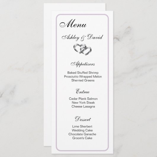 Carte de menu Mariage Deux Coeurs (Devant / Derrière)