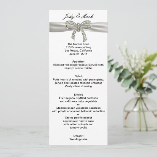 Carte de menu Mariage Diamond Bow (Debout devant)