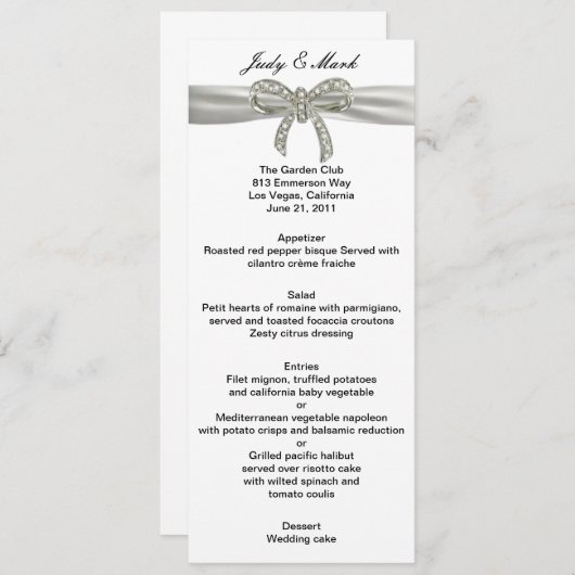 Carte de menu Mariage Diamond Bow (Devant / Derrière)