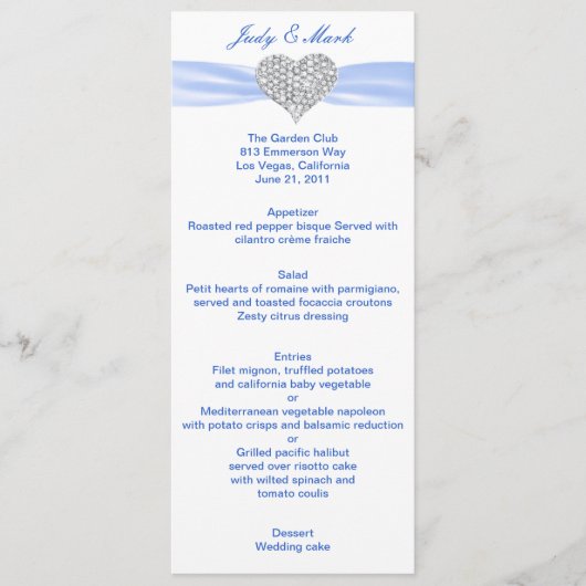 Carte de menu Mariage Diamond Heart Blue (Devant)
