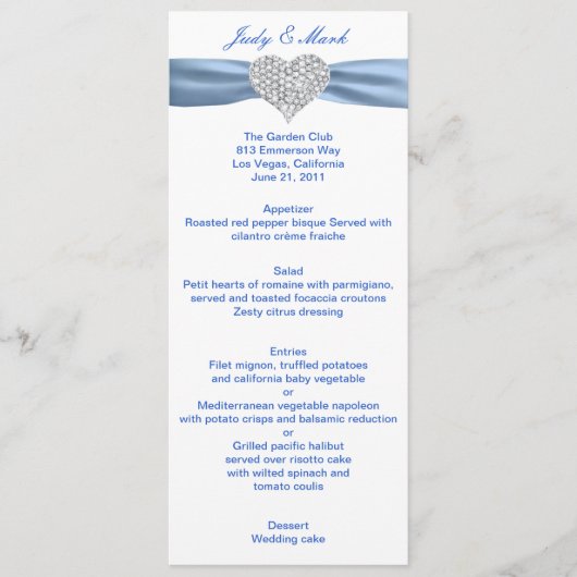 Carte de menu Mariage Diamond Heart Blue (Devant)