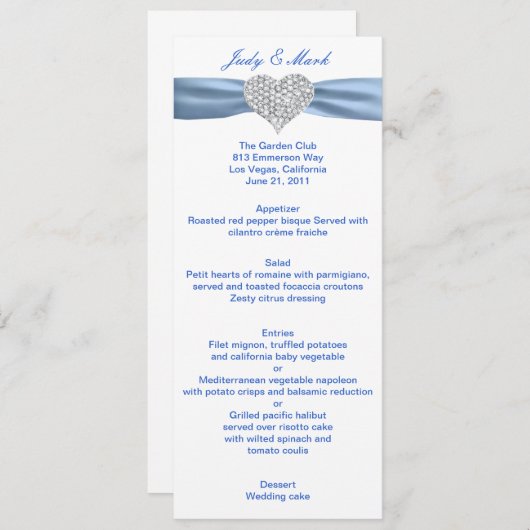 Carte de menu Mariage Diamond Heart Blue (Devant / Derrière)