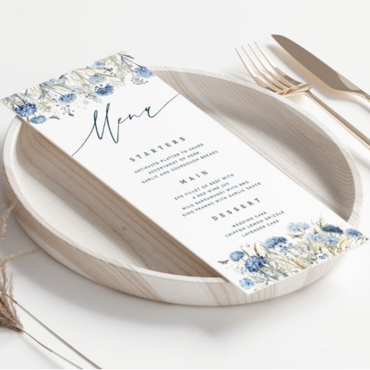 Carte de menu Mariage Dusty Blue Fleur sauvage