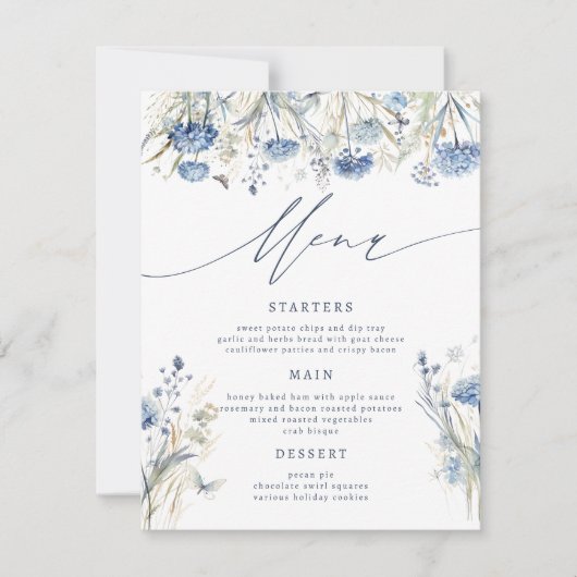Carte de menu Mariage Dusty Blue Fleur sauvage (Devant)