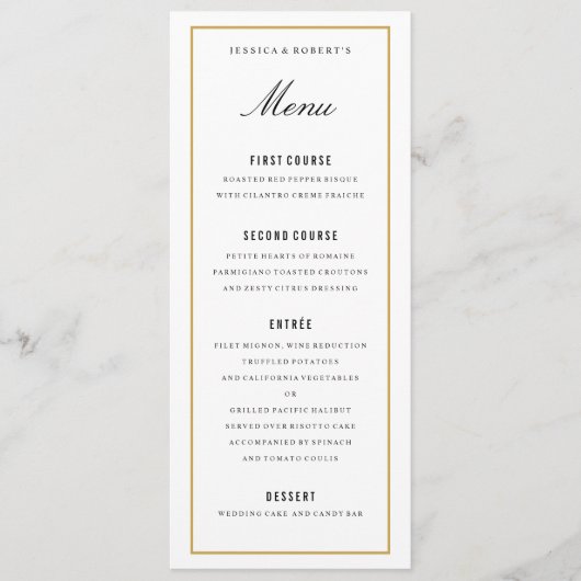 Carte de menu Mariage élégant à bordure or solide (Devant)
