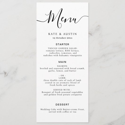 carte de menu mariage élégant en noir et blanc (Devant)