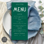 Carte de menu Mariage émeraude texte minimaliste<br><div class="desc">Carte de menu minimaliste Mariage vert Emerald Text. Disponible numériquement et imprimé. Personnalisez facilement le texte à vos propres détails qui inclut des alternatives pour vos options végétaliennes ou végétariennes. Vous pouvez changer si vous désirez des couleurs de votre choix pour correspondre à votre thème mariage.</div>