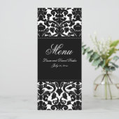 Carte de menu Mariage en lin noir et blanc Damas (Debout devant)