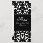 Carte de menu Mariage en lin noir et blanc Damas (Devant / Derrière)