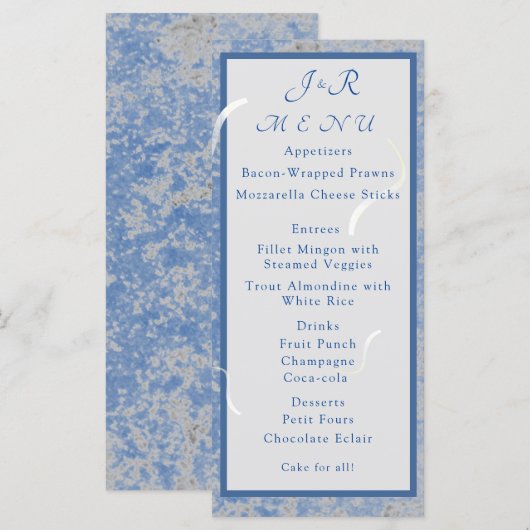 Carte de menu Mariage en marbre bleu et gris (Devant / Derrière)