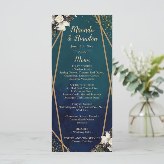 Carte de menu Mariage en or floral romantique (Debout devant)