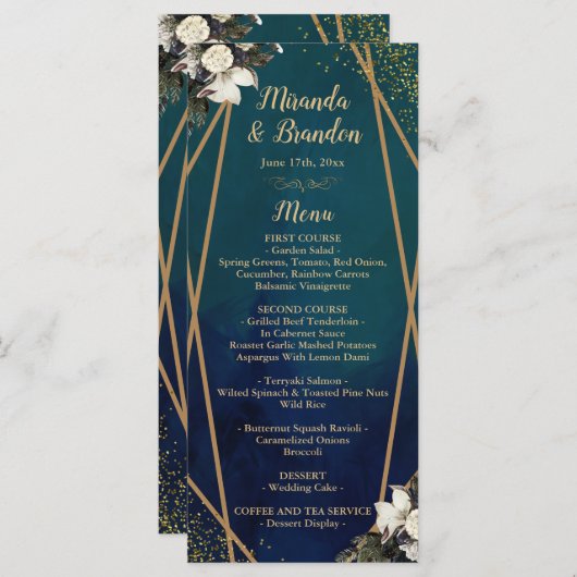 Carte de menu Mariage en or floral romantique (Devant / Derrière)