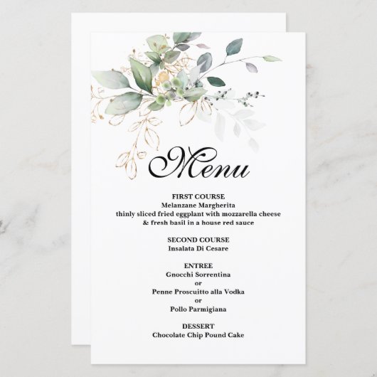 Carte de menu mariage Eucalyptus Green (Devant / Derrière)