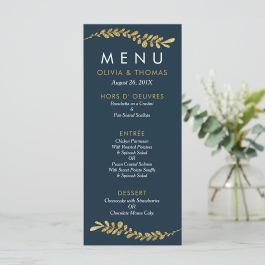 Carte de menu Mariage Faux Gold Leaf modifiable co (Debout devant)