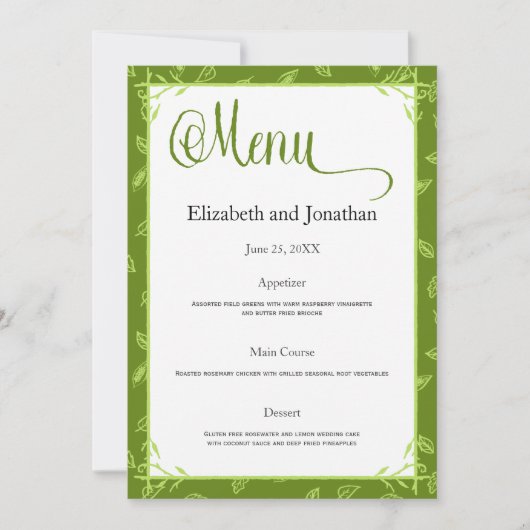 Carte de menu mariage Feuille vert (Devant)