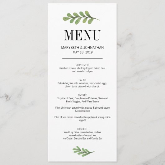 Carte de menu Mariage Feuille Watercolor Greenery (Devant)