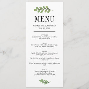 Carte de menu Mariage Feuille Watercolor Greenery