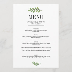 Carte de menu Mariage Feuille Watercolor Greenery