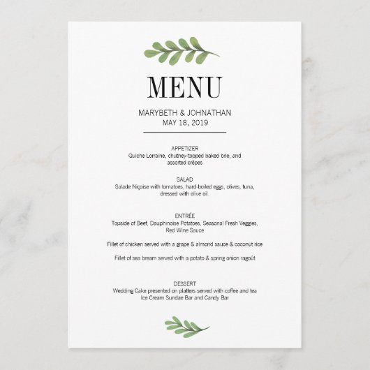 Carte de menu Mariage Feuille Watercolor Greenery (Devant)