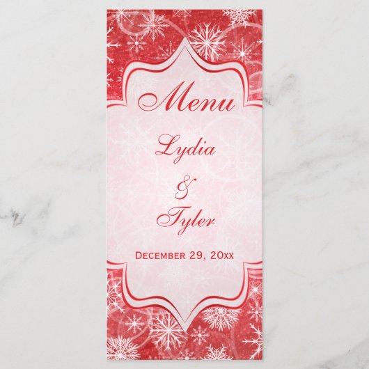 Carte de menu Mariage Flakes de neige rouge et bla (Devant)