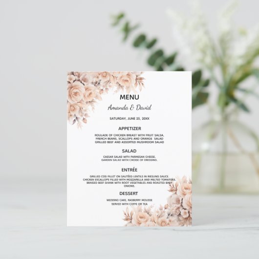 Carte de menu mariage fleurs crème beige (Debout devant)