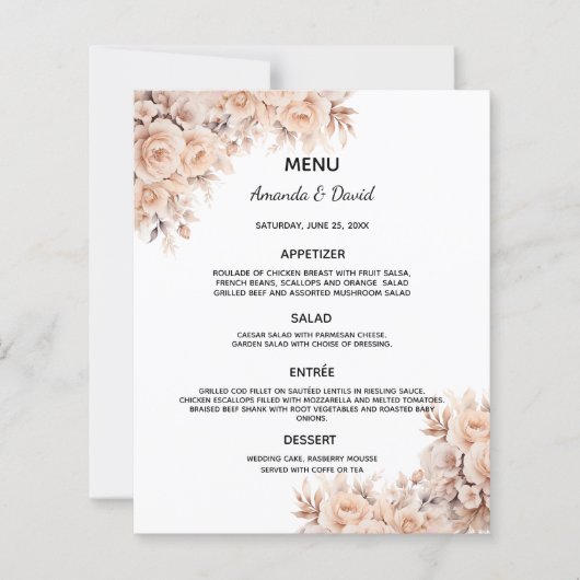 Carte de menu mariage fleurs crème beige (Devant)