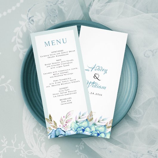Carte de menu mariage fleurs d'aquarelle bleue