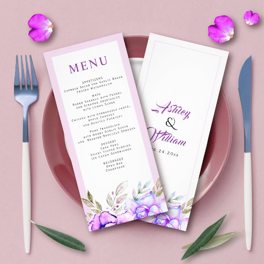Carte de menu mariage fleurs d'aquarelle violet bl