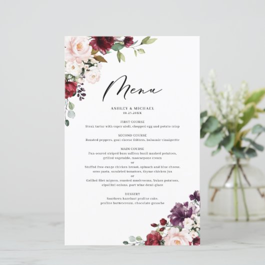 Carte de menu Mariage Fleurs d'automne rouge et vi (Debout devant)