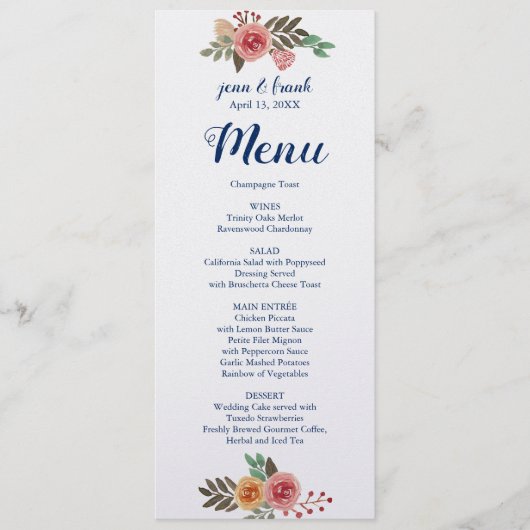 Carte de menu Mariage Fleurs de ressort (Devant)