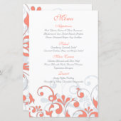 Carte de menu Mariage Floral Blanc Gris Coral (Devant / Derrière)