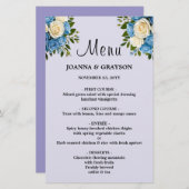 Carte de menu Mariage Floral Bleu et Blanc (Devant / Derrière)
