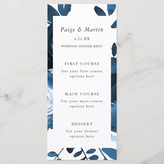 Carte de menu Mariage Floral Bleu et Blanc (Devant)