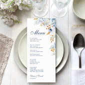 Carte de menu Mariage Floral bleu et or moderne